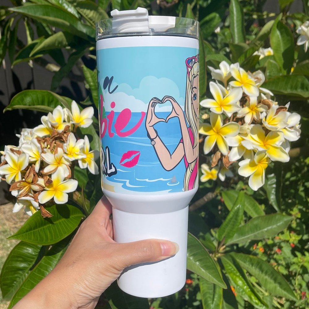 Barbie Girl LETS GO PARTY Movie Pink Tumbler 40 oz tumbler with hand carry handl - Picture 3 of 6